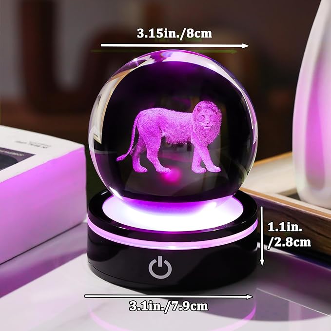 YWHL 3D Crystal Ball Lion Figurine with LED Base, Lion Gifts for Men Women Lions Lovers on Christmas Birthday, Lions Ornament Glass Sphere Decorative Ball for Home Decor (80mm)-VerdiqueGarden