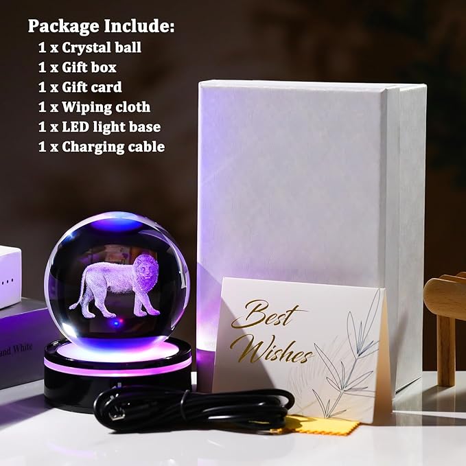 YWHL 3D Crystal Ball Lion Figurine with LED Base, Lion Gifts for Men Women Lions Lovers on Christmas Birthday, Lions Ornament Glass Sphere Decorative Ball for Home Decor (80mm)-VerdiqueGarden