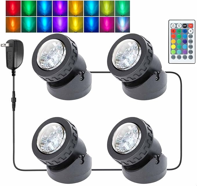 RGB Pond Lights, LED Fountain Light with Timer, Colored Underwater Fountain Lights Dim Adjustable Memory Spotlights for Outdoor Landscape Pond Fountain Waterfall, 4 in Set-VerdiqueGarden