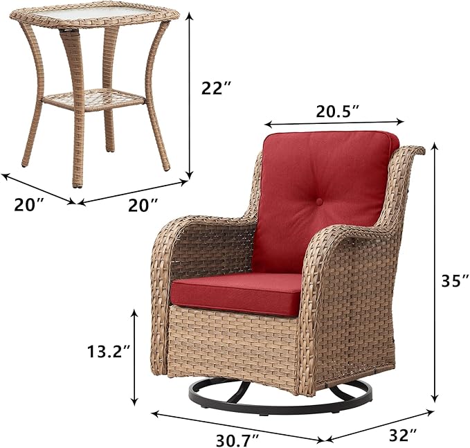 Outdoor Patio Swivel Rocker Chairs - 3 Piece Patio Bistro Set,Wicker Patio Furniture Set with 2 Swivel Rocking Chairs and 1 Glass Top Side Table for Deck Porch Garden,Yellow/Red-VerdiqueGarden