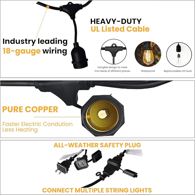 Svater 192 FT Outdoor String Lights 2W, Patio Light for Outside with 64 Antique S14 Plastic LED Bulbs, IP65 Waterproof Hanging Cafe Market Lighting, ETL-Listed Dimmable Warm White (48 FT x 4)-VerdiqueGarden