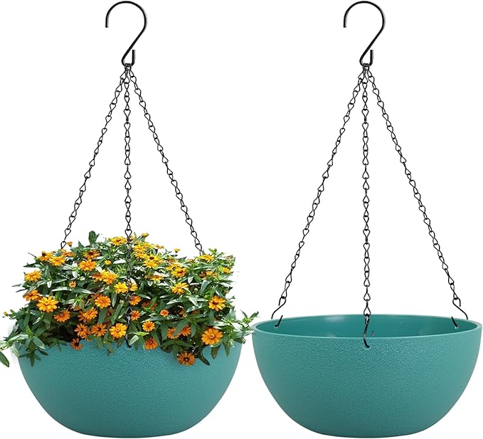 10 inch Hanging Planters for Outdoor Indoor Plants with Drainage Holes and Chain, 2 Pack Round Hanging Flower Pots for Garden Home Porch Decor, Blue Green-VerdiqueGarden