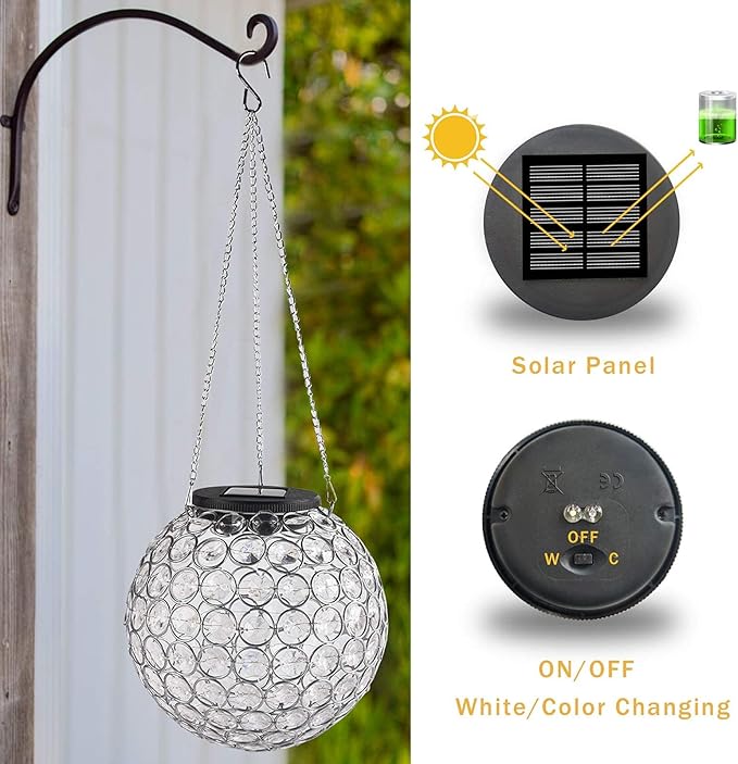 Solar Lantern Hanging Outdoor Christmas Decorative, Dual LEDs Dia 7.5‘’ Color Changing and Cool White Crystal Globe Hanging Lights Waterproof with S Hooks Decor in Garden, Pathway, Front Door-Clear-VerdiqueGarden