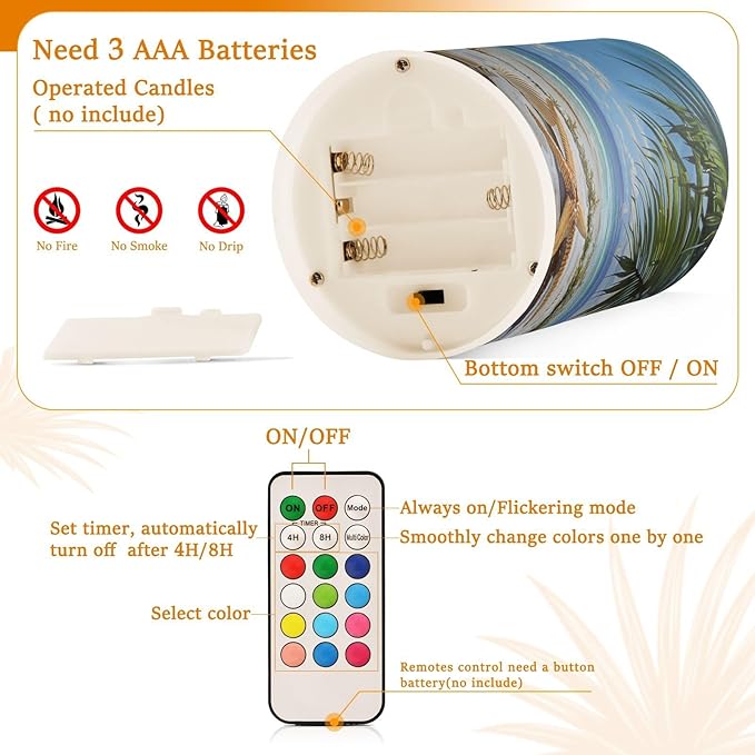 Flickering Flameless Candles, Starfish Seashell Beach Palm LED Candles with Remote Timer, Set of 2 Battery Operated Candle for Valentine Wedding Birthday-VerdiqueGarden