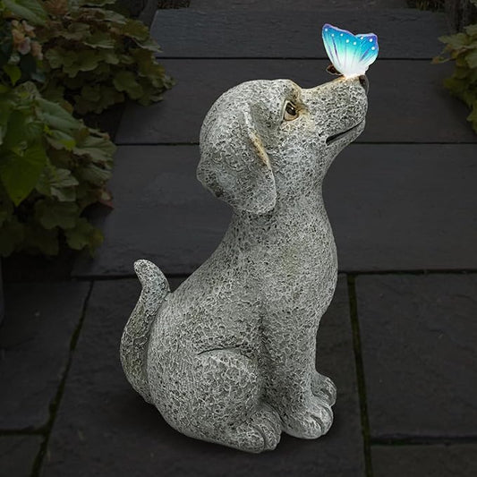 Solar Garden Outdoor Statues Dog with Butterfly Lights, Lawn Decor Puppy Figurine for Patio Balcony Yard, Yard Unique Christmas Birthdays Gift for Mom Grandma-VerdiqueGarden