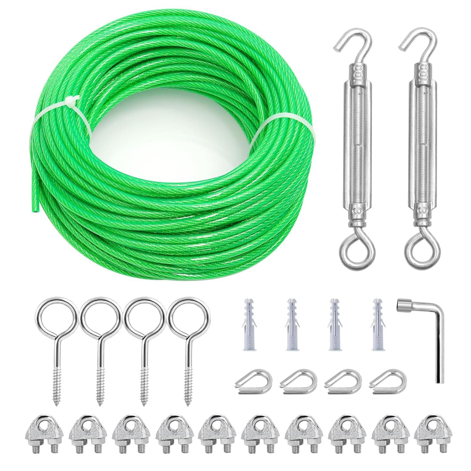 M6 Turnbuckles for Cables Wire, 3/16" Green PVC Coated Wire Rope Kit, Multi-use Steel Cable for Grape Vines/Clothes Line Outdoors for T Post/String Light Hanging/Garden Wire-VerdiqueGarden