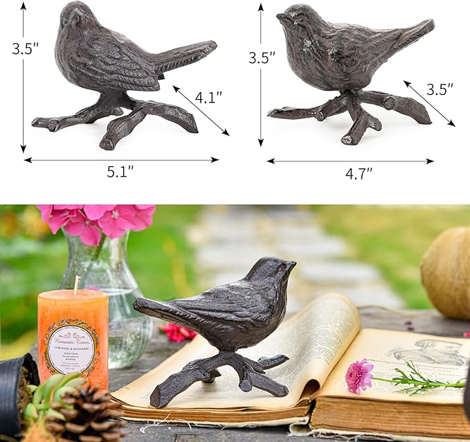 Sungmor Cast Iron Small Bird Statues, Set of 2 Realistic Rust Brown Bird with Branch Collectible Figurines, Farmhouse Home Garden Decorative Sculpture, Indoor and Outdoor Ornaments-VerdiqueGarden