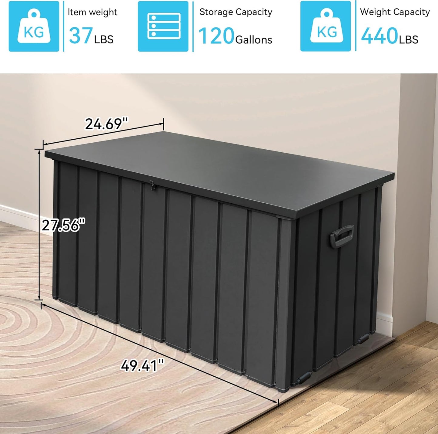 120 Gallon Metal Deck Box,Waterproof Outdoor Storage Box, Large Patio Furniture Storage Chest/Cabinet, Lockable Storage Bench for Porch Package Delivery,Cushions,Tools, Pool, Grey-VerdiqueGarden