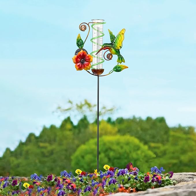 LEWIS&WAYNE 36.3” Hummingbird Rain Gauge Outdoor, 7” Glass Tube Solar Powered 10 Warm White LEDs Garden Metal Stakes Decorative Waterproof for Yard Garden Patio Lawn-VerdiqueGarden