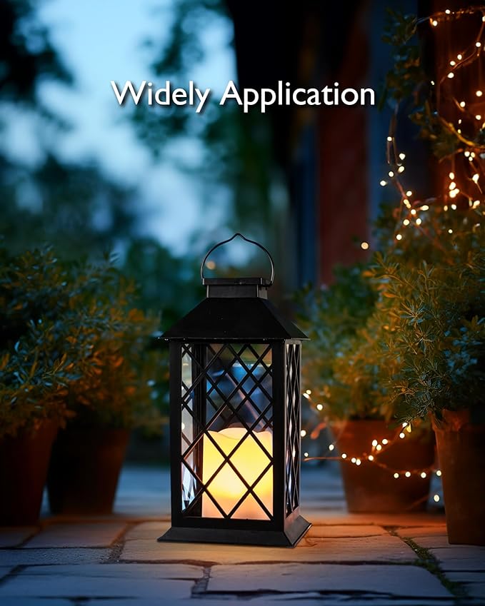 Homemory Solar Lanterns Outdoor Waterproof Hanging with Flickering Flameless Candles, 2 Pack 13'' Garden Outdoor Lantern Decorative for Patio Front Porch Backyard Balcony Cabin Outside Table(Black)-VerdiqueGarden