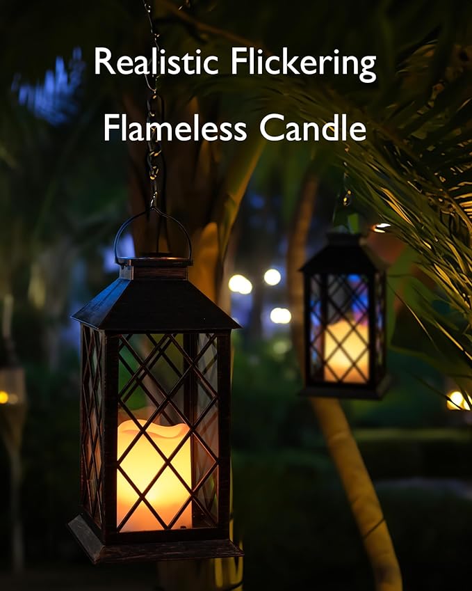 Homemory Solar Lanterns Outdoor Waterproof Hanging with Flickering Flameless Candles, 2 Pack 13'' Garden Outdoor Lantern Decorative for Patio Front Porch Backyard Balcony Cabin Outside(Antique Copper)-VerdiqueGarden