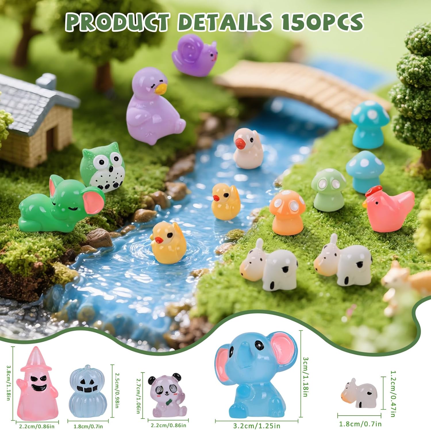 150 PCS Luminous Mini Resin Animals, Glow in The Dark Fairy Garden Decor, Mini Ducks Frogs Turtles Figurines for Aquarium, Terrarium, Slime Charms & Potted Plant Landscape Decoration-VerdiqueGarden