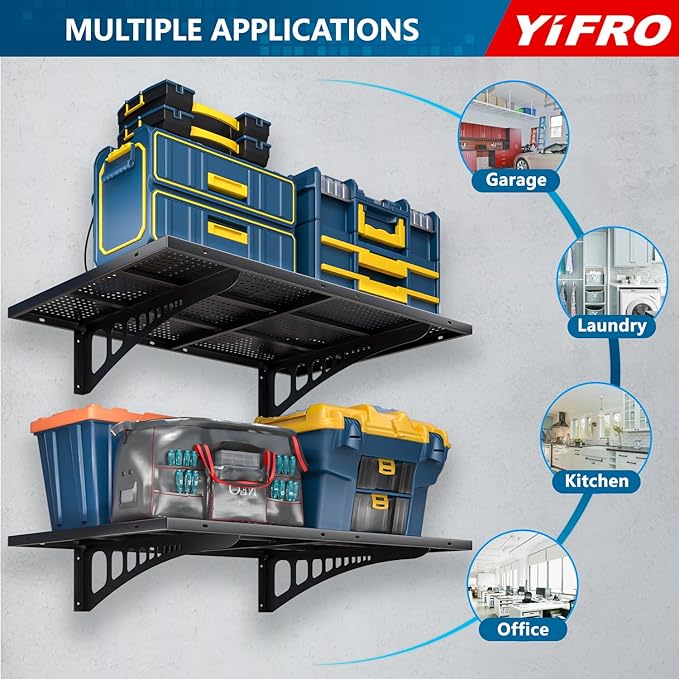 2-Pack 2x3ft Heavy Duty Garage Wall Shelving, 500 lbs Load Capacity, Garage Shelving Wall Mounted, Garage Storage Rack with Hooks, Black-VerdiqueGarden