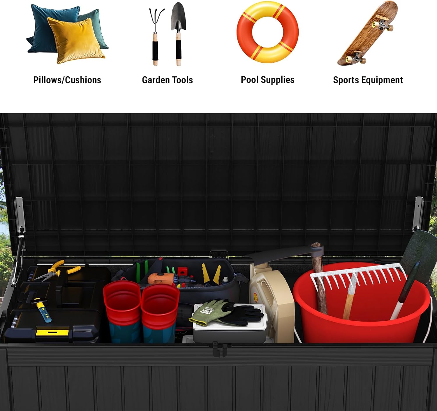 Mars Villa 180 Gallon Outdoor Storage Box, Large Resin Deck Box Waterproof, Storage Bin for Outside Patio Furniture Cushions, Pool Supplies, with Hydraulic Hinge, UV Resistant and Weatherproof, Black-VerdiqueGarden