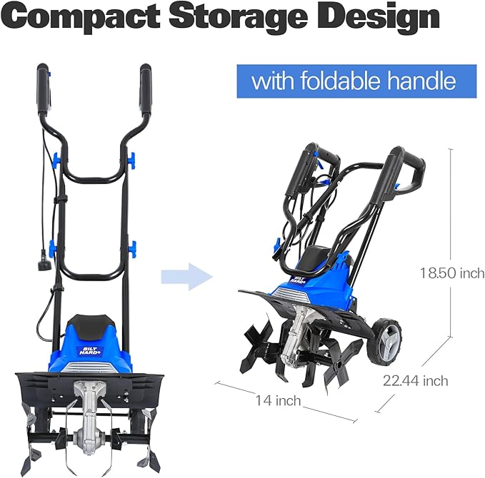 BILT HARD 14" 10Amp Electric Garden Tiller | 4 Steel Tines Tiller Cultivator with Foldable Handle & Adjustable Wheels for Soil Cultivation, Weeding, Portable Gardening-VerdiqueGarden