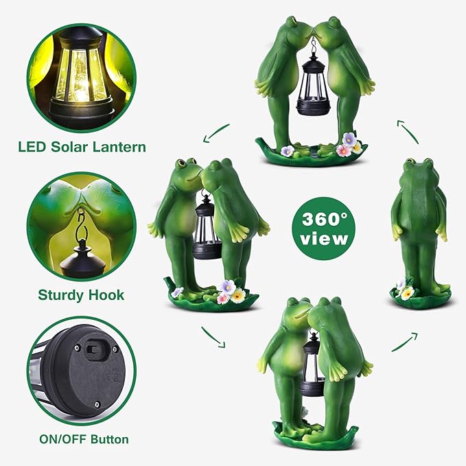 Solar Frogs Statue for Easter Garden Decor Solar Lantern LED Outdoor Decoration Figurines for Porch Patio,Yard,Lawn - Frog Gifts for Women Mom Grandma Wife (Kiss Frog)-VerdiqueGarden