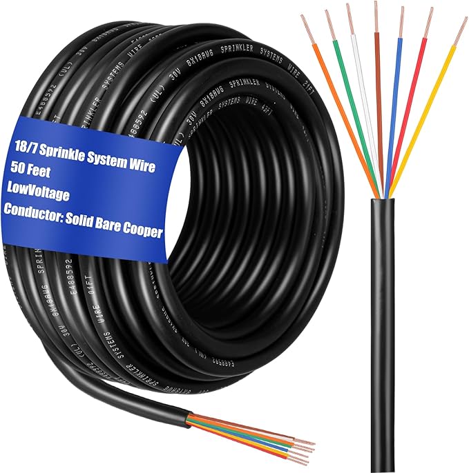 Hoolerry Solid Sprinkler System Wire 18 Gauge Irrigation Wire with UV Resistant PVC Jacket Sprinkler Cable for Underground Irrigation Field Central Control System 30v Ul Listed(18/7, 50 Ft)-VerdiqueGarden