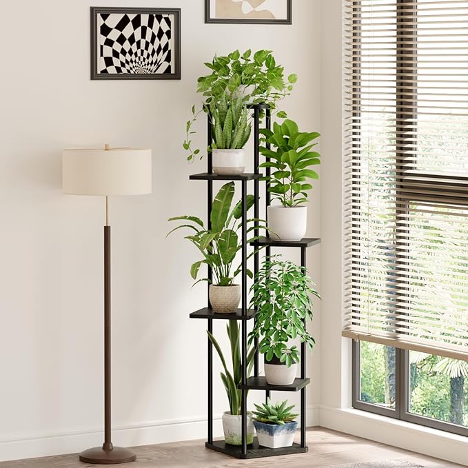 Bamworld 6 Tier Plant Stand Indoor, Tall Metal Plant Shelf for Multiple Plants, Corner Tiered Flower Stand for Patio Garden Balcony Living Room Bedroom(Black)-VerdiqueGarden