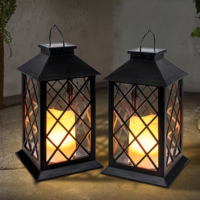Homemory Solar Lanterns Outdoor Waterproof Hanging with Flickering Flameless Candles, 2 Pack 13'' Garden Outdoor Lantern Decorative for Patio Front Porch Backyard Balcony Cabin Outside Table(Black)-VerdiqueGarden