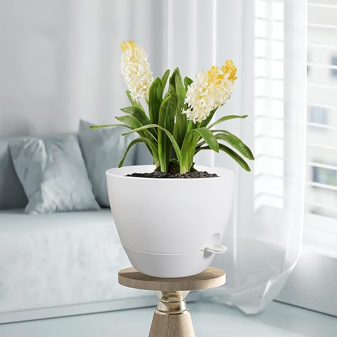 12 inch Large Self Watering Pots for Indoor Outdoor Plants, Plant Pots with Mesh Drainage Holes for Garden House Plants, Plastic Planters with Reservoir for Flower Plants, White-VerdiqueGarden