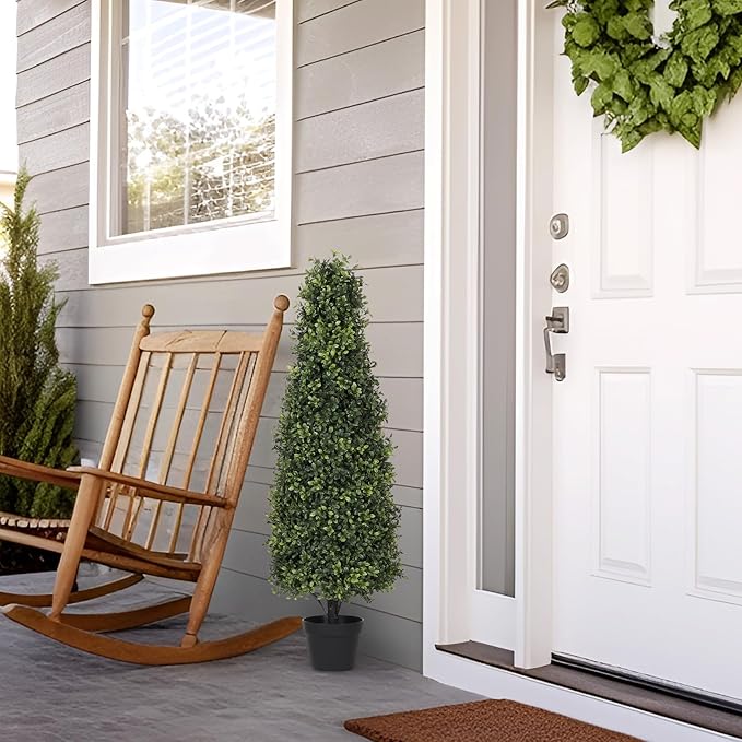 4ft Artificial Boxwood Topiary Trees (Set of 2) - UV Resistant Faux Plants Outdoor, Realistic 48in Fake Potted Bushes and Shrubs for Front Porch, Planter, Patio - Low Maintenance & Evergreen-VerdiqueGarden
