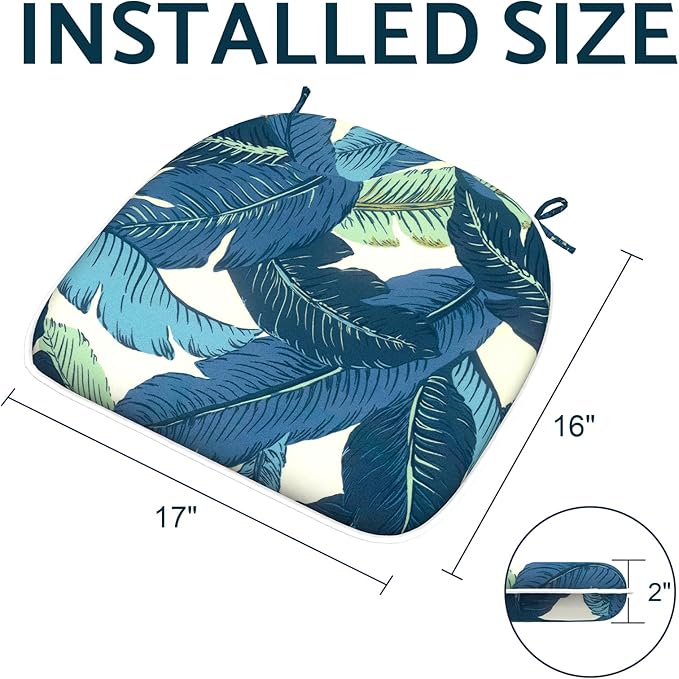 Indoor/Outdoor Chair Cushions 16x17 Inch, Patio Chair Cushions with Ties, All Weather Seat Cushions for Patio Furniture Home Garden Chair Use, Set of 4, Swaying Palms Blue-VerdiqueGarden