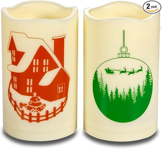 Outdoor Battery Operated Flameless Pillar Candles Auto Daily Timer Waterproof Realistic Flickering Electric LED Lights Snow House Christmas Ball Tree Decals Xmas Decorations 3”X5” 2 Pack-VerdiqueGarden