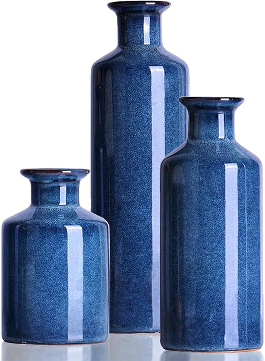 Blue Ceramic Vase Set of 3,Home Decorative Flower Vase,Small vase Set for Farmhouse Living Room Bedroom Tabletop Decor,Office Bookshelf Centerpiece Entrance Decoration-VerdiqueGarden