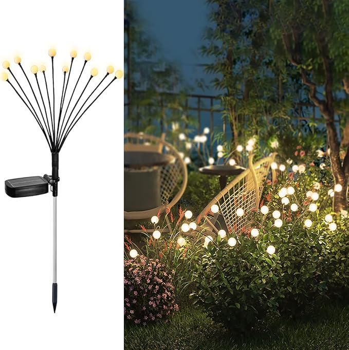 Solar Garden Lights - 4 Pack 48 LED Firefly Lights with 2 Lighting Modes, Sway by Wind, Waterproof Outdoor Decoration, Warm White-VerdiqueGarden