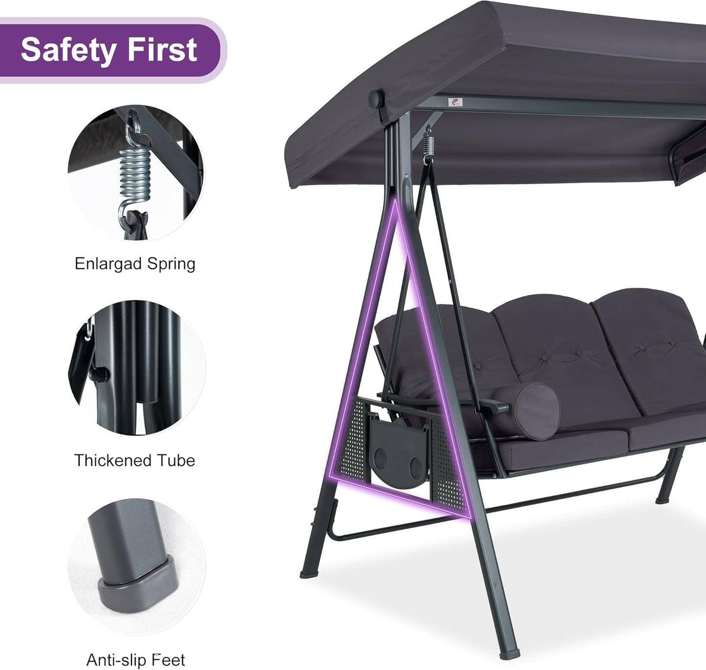 PURPLE LEAF Outdoor Patio Porch Swing with Stand, 3-seat Swing Chair with Adjustable Tilt Canopy All-Weather Steel Frame for Backyard Front Porch Lawn, Cushions and Pillow Included, Grey-VerdiqueGarden