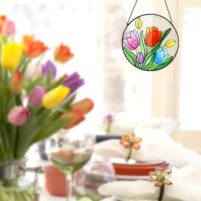 Tuitessine Tulip Suncatcher Stained Glass Window Hanging Panels, 6.3''x6.3'' Round Handmade Hanging Ornament with Chain, Garden Patio Wall Decor Flower Gift for Mom Teachers Friends-VerdiqueGarden