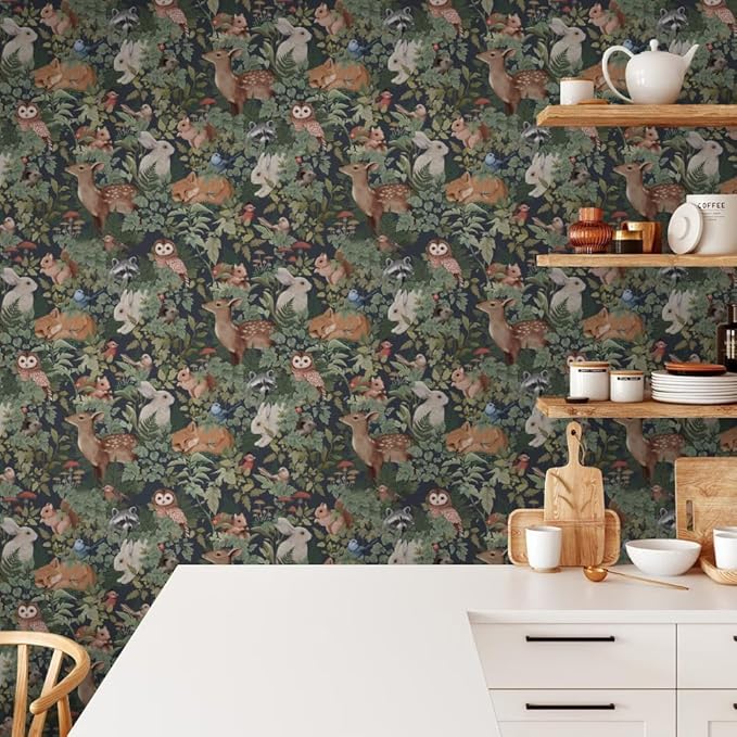 Green Plants Leaf Animal Forest Deer Rabbits Squirrel Owl Peel and Stick Wallpaper Self Adhesive Removable Easy Peel Off Contact Stick on Wall Paper for Bedroom Cabinet Renter Friendly-VerdiqueGarden