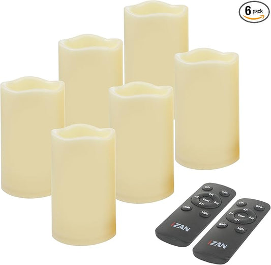 iZAN Set of 6 Outdoor Flameless Battery Operated LED Pillar Candles with Remote Timer Waterproof Flickering Electric Decorative Lights for Christmas Home Wedding Party Festival Decorations 3" x5”-VerdiqueGarden