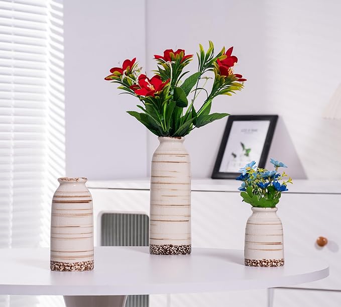 Beige Ceramic Vase Set of 3, Farmhouse Decorative Vase for Pampas Grass, Living Room, Bathroom, Bookshelf, Centerpieces Beige-VerdiqueGarden