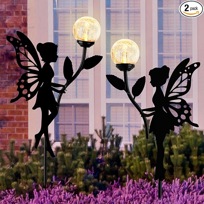 Ouddy Decor 2 Pack Solar Fairy Garden Decor, Metal Statues with Crackle Glass Globe Lights Silhouette Waterproof for Outdoor Lawn Patio Yard Pathway Home Decorations Gardening Gifts for Mother's Day-VerdiqueGarden
