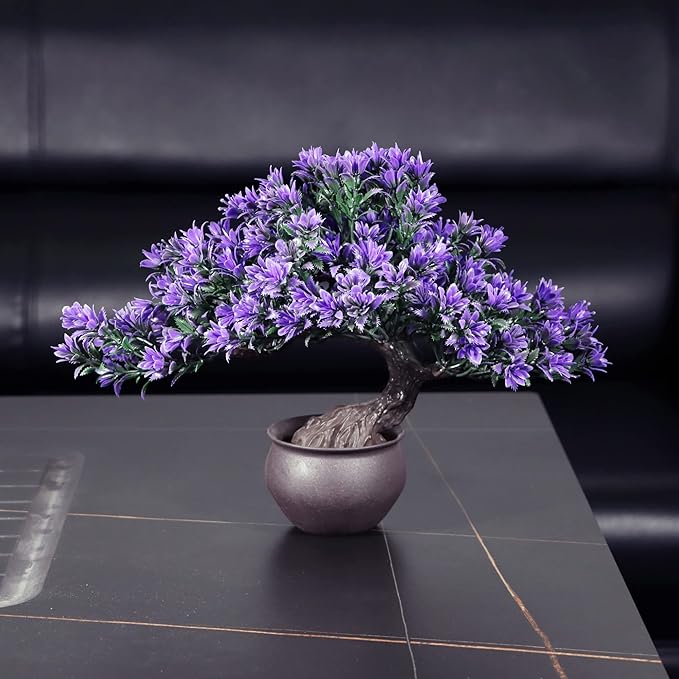 Fake Plants Plastic Artificial Bonsai Tree, Purple Room Decor Bonsai Tree for Home Bedroom Farmhouse Office Desk Decor, Tall 9.5"-VerdiqueGarden