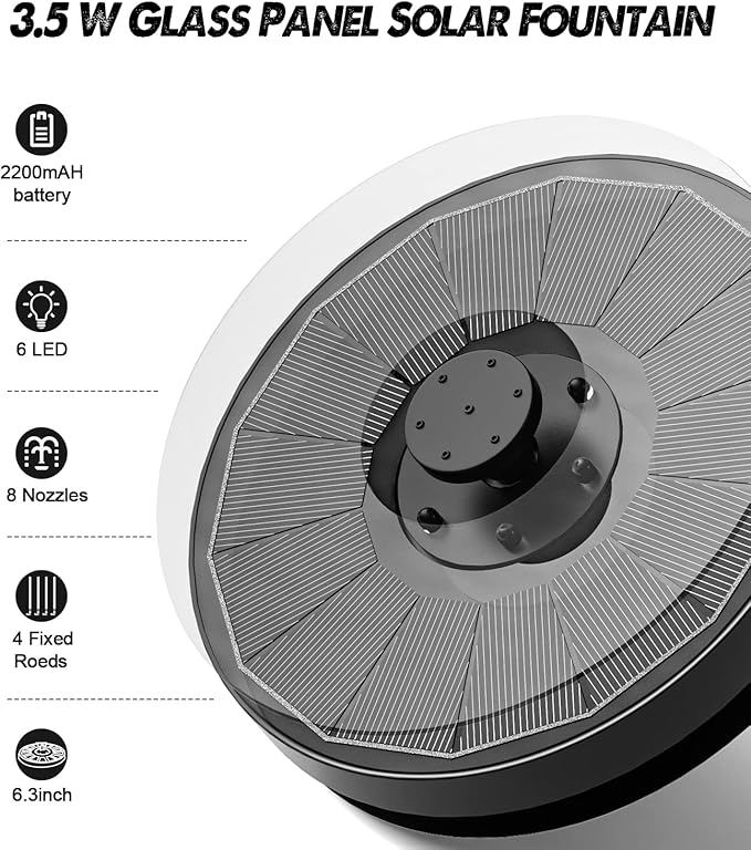 Solar Fountain Glass Panel with 2200 mah Battery, 3.5W Floating Solar Water Fountain with 4 Fixed Rods, Solar Fountain Pump for Bird Bath, Garden, Pond, Pool, Outdoor-White Lights-VerdiqueGarden