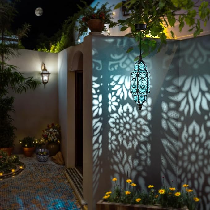 Twinkya 2 Pack Hanging Solar Lights Outdoor Garden Decorative Solar Lantern Waterproof Metal Moroccan Outdoor Decorations for Patio Pathway Yard Porch Backyard Garden Decor (Black, 2 Pack)-VerdiqueGarden