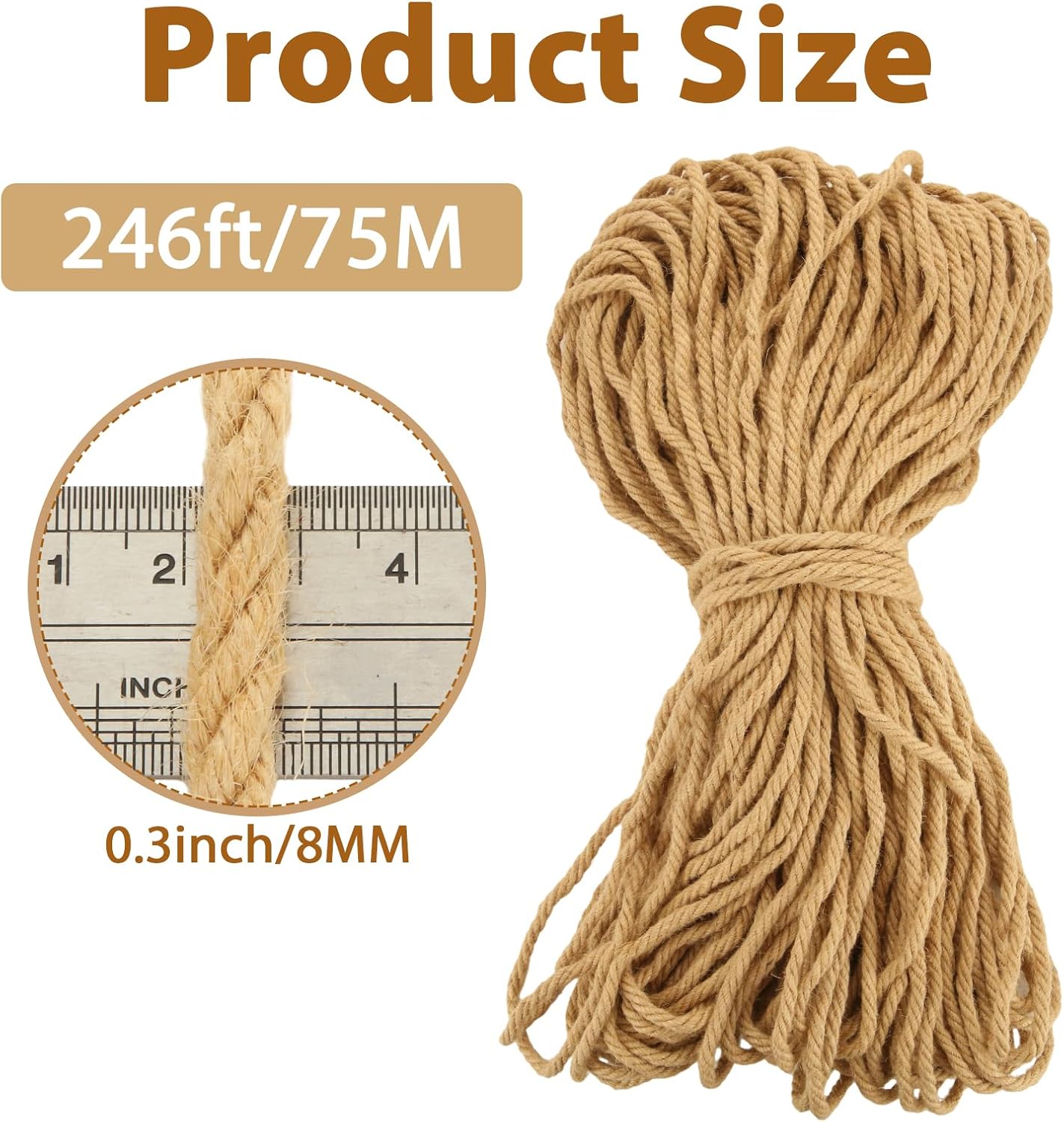 8mm Thick Jute Twine, 246 Feet 4Ply Jute Rope for Crafts, Heavy Duty Twine String for Gardening, Crafting, Bundling, Cat Scratching Post, Home Decor-VerdiqueGarden