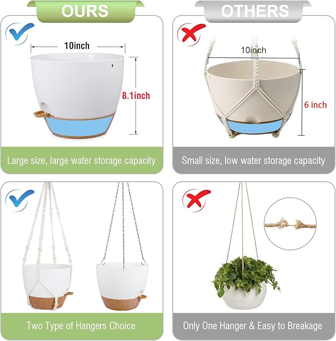 Self Watering Hanging Planters 10 inch, 2 Pack Hanging Baskets for Indoor Outdoor Plants, Hanging Flower Pots with Drainage Holes & 2 Kinds of Plant Hangers for Garden Home Décor, White Brown-VerdiqueGarden