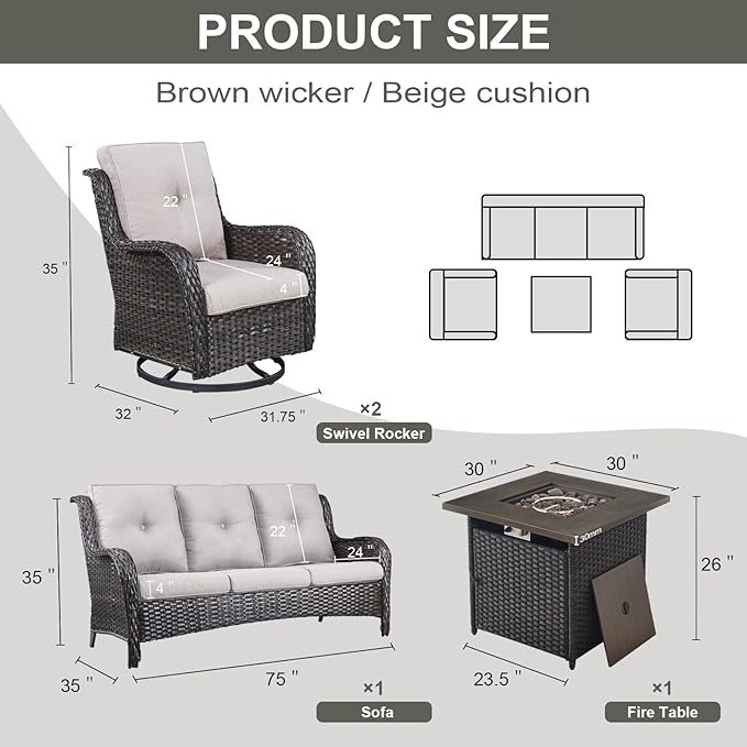 Outdoor Patio Furniture Set with 50000BTU Propane Fire Pit Table, 4 Pieces Wicker Patio Conversation Set with 2 Swivel Rocker Glider Chairs Rattan Sofa Beige Cushion Perfect for Gathering-VerdiqueGarden