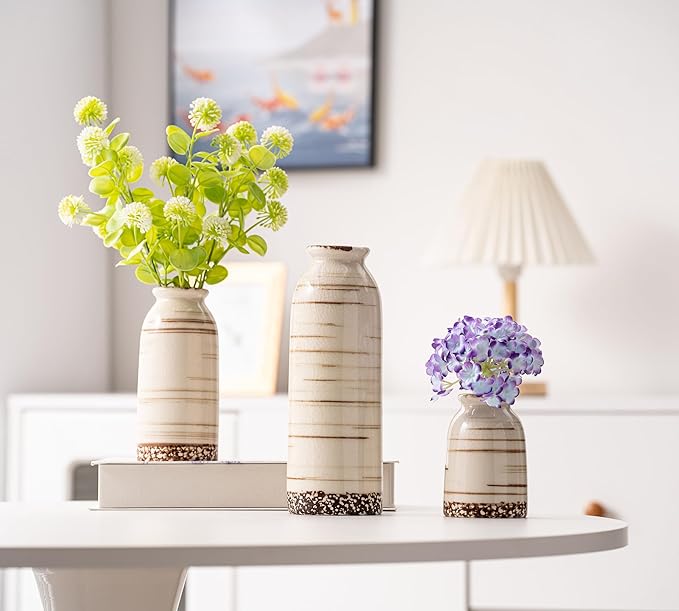 Beige Ceramic Vase Set of 3, Farmhouse Decorative Vase for Pampas Grass, Living Room, Bathroom, Bookshelf, Centerpieces Beige-VerdiqueGarden