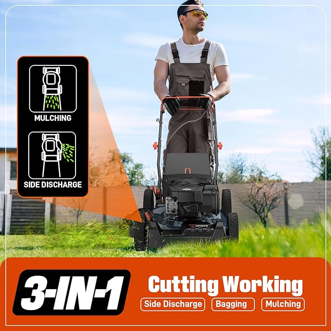 SENIX Gas Lawn Mower, 22" Self Propelled Gas Powered Lawnmower with 163cc B&S 4-Cycle Engine, 3-in-1 Walk-Behind Push Lawn Mower, 6-Position Height Adjustment-VerdiqueGarden