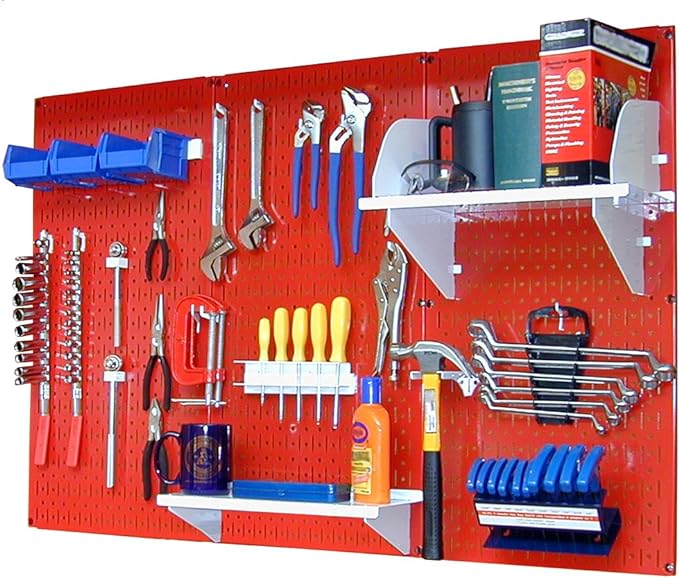 Wall Control 4 ft Metal Pegboard Standard Tool Storage Kit with Red Toolboard and White Accessories-VerdiqueGarden