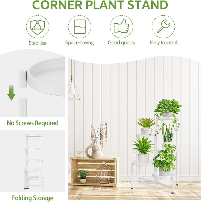 iDavosic.ly 5 Tier Large Plant Stand Indoor with 10 Inch Wide Tray, Tiered Corner Metal Outdoor Flower Display Holder Shelf, Folding Tall Rack for Patio Porch Living Room, White-VerdiqueGarden