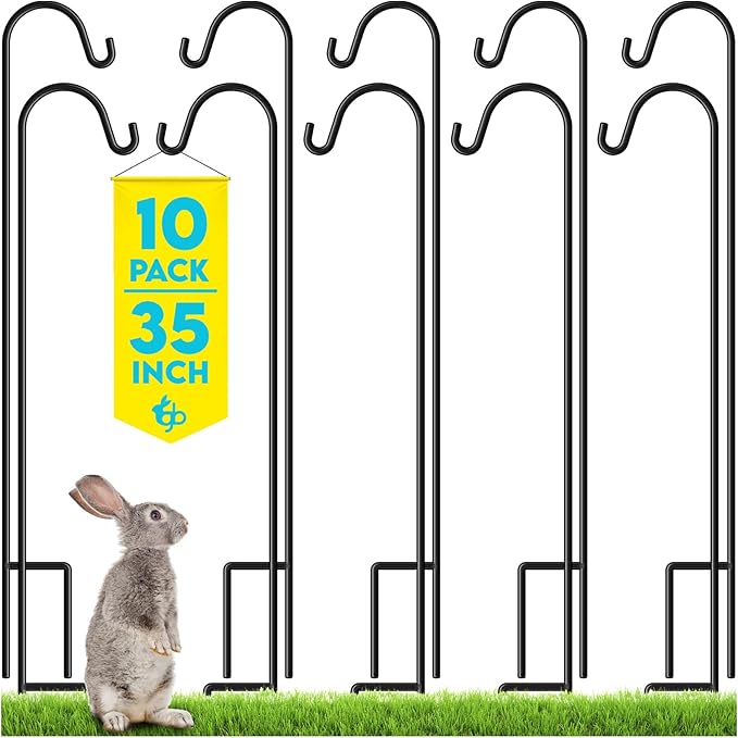 Gray Bunny Shepherds Hooks for Outdoor 35” 10 Pack, Thick Heavy Duty Bird Feeder Pole for Outside Yard, Hanging Plant Stand, Non-Hollow, Non-Adjustable, Extra Long Base Prongs for Backyard Wedding-VerdiqueGarden