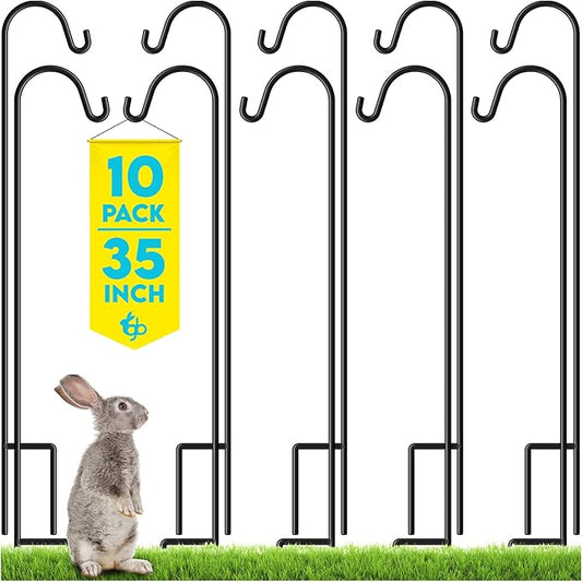 Gray Bunny Shepherds Hooks for Outdoor 35” 10 Pack, Thick Heavy Duty Bird Feeder Pole for Outside Yard, Hanging Plant Stand, Non-Hollow, Non-Adjustable, Extra Long Base Prongs for Backyard Wedding-VerdiqueGarden