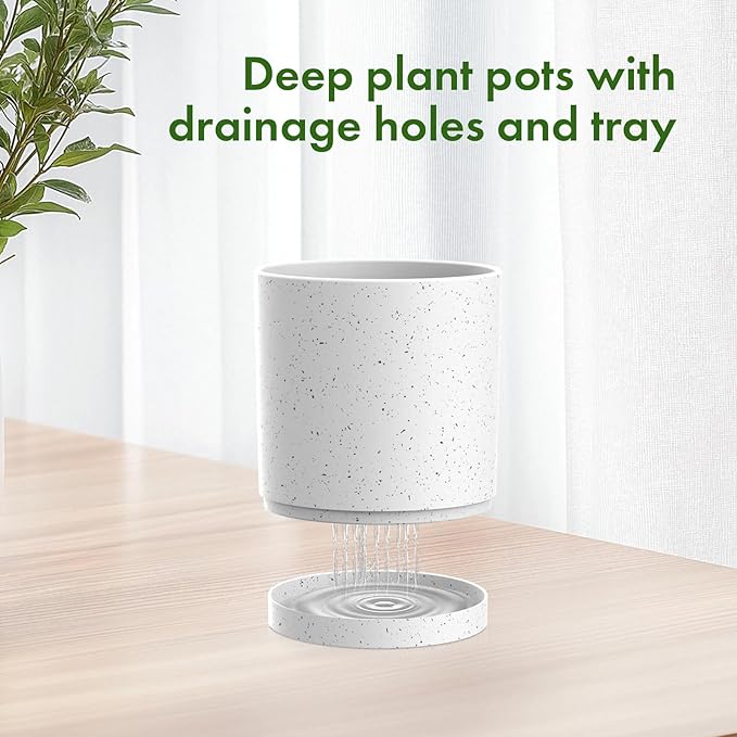 10/8/6 inch Deep Flower Pots, Cylinder Large Plant Pots for Outdoor Indoor Plants, 3 Pack Tall Plastic Planters with Drainage Holes and Saucers for Garden House Plants, Speckled White-VerdiqueGarden