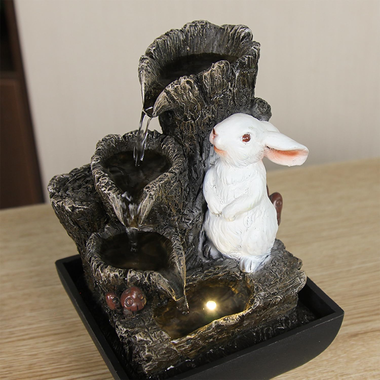 Small Cascading Rock Tabletop Fountain, Cute Little White Rabbit Indoor Waterfall Fountain with Colored LED Lights and Rolling Ball, 3 Tiered Desktop Fountain for Office Home Bedroom-VerdiqueGarden