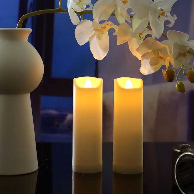 CANDLE CHOICE Waterproof Outdoor Battery Operated Flameless Candles with Auto Timer Flickering Plastic Resin Electric LED Slim Pillar Lights for Lantern Patio Garden Wedding Decorations 2”x7” 2 Pack-VerdiqueGarden